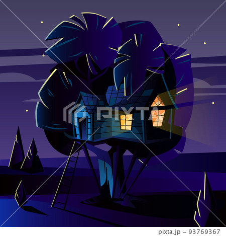 Vector cartoon tree house at night, evening 93769367