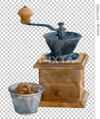 咖啡磨和咖啡豆的手繪水彩插圖 93770091
