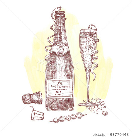 Alcoholic cocktail drink Hand drawn sketch art on watercolor background champagne, bubbly, fizz Vintage design for bar, restaurant, cafe menu, flyer, banner, poster Engraving style vector 93770448