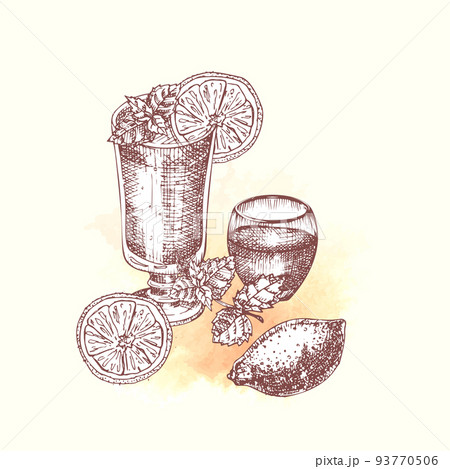 Alcoholic cocktail drink Hand drawn sketch art on watercolor background Vodka, whiskey, wine Vintage design for bar, restaurant, cafe menu, flyer, banner, poster Engraving style vector 93770506