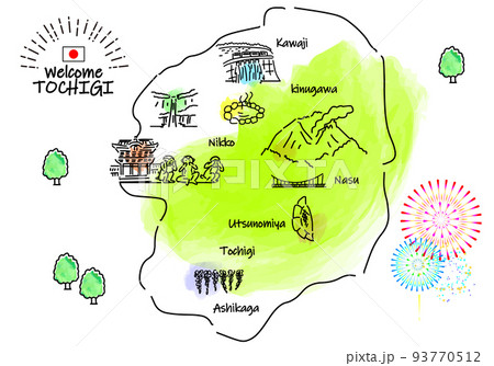 手描きの栃木県の観光地のシンプル線画イラストマップのイラスト素材