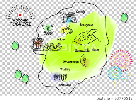 手描きの栃木県の観光地のシンプル線画イラストマップ 93770512