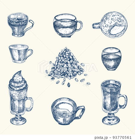 Set hand drawn sketch bottle and glasses for coffee drinks Vintage design bar, restaurant, cafe menu on white background. Creative template for flyer, banner, poster Engraving style Graphic vector Set hand drawn sketch bottle and glasses for coffee drinks Vintage design bar, restaurant, cafe menu on white background. Creative template for flyer, banner, poster Engraving style Graphic vector 93770561