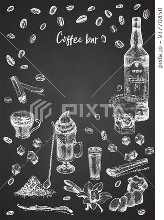 Vintage hand drawn sketch design bar, restaurant, cafe menu on black chalk board background. Place for your text Graphic vector art. Irish coffee Whiskey with ice Vintage hand drawn sketch design bar, restaurant, cafe menu on black chalk board background. Place for your text Graphic vector art. Irish coffee Whiskey with ice 93770850