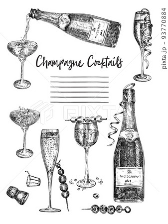 Cocktail bar menu design template set in retro style Isolated on gray background. Hand drawn glass and bottle champagne. Vintage wine card. Alcohol beverage symbol. Cocktail bar menu design template set in retro style Isolated on gray background. Hand drawn glass and bottle champagne. Vintage wine card. Alcohol beverage symbol. 93770884