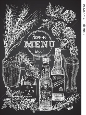 Set hand drawn sketch bottle and glasses beer, hop, wheat Vintage design bar, restaurant, cafe menu on black chalk board background. Creative template for flyer, banner, poster 93770948