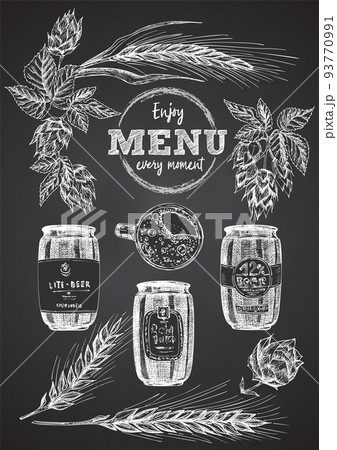 Set hand drawn sketch bottle and beer can, hop, wheat Vintage design bar, restaurant, cafe menu on black chalk board background. Creative template for flyer, banner, poster Set hand drawn sketch bottle and beer can, hop, wheat Vintage design bar, restaurant, cafe menu on black chalk board background. Creative template for flyer, banner, poster 93770991