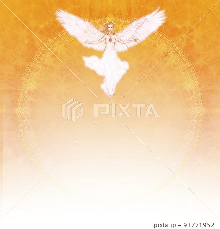 オレンジ色のマンダラのグラデーションの背景に浮かぶ白い羽根とドレスの天使のイラスト素材 93771952