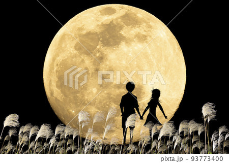 お月見に来たカップルのシルエット。秋の夜のイメージ。中秋の名月とススキと若いカップル。 93773400