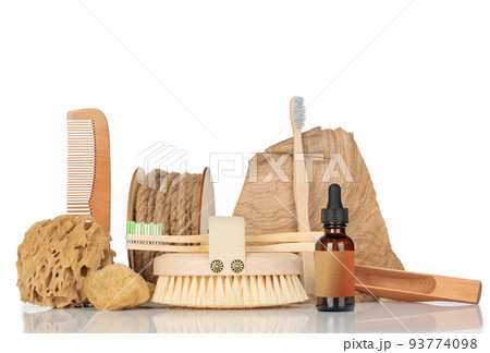 Bath natural accessories and skin care cosmetics, zero waste theme. Eye level shots, isolated. 93774098