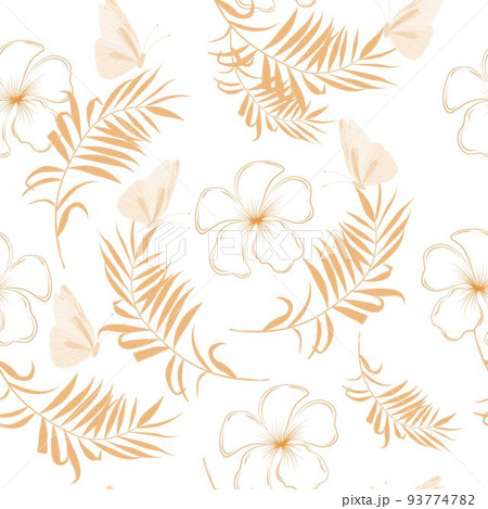 Floral seamless pattern. Tropical  flowers. Plumeria. Vector stock illustration. Golden palm leaves. 93774782