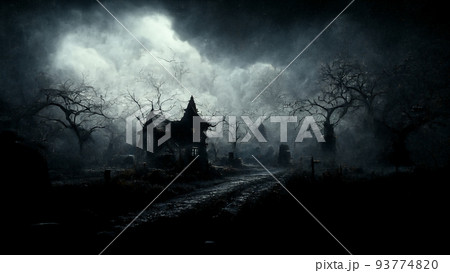 3D illustration of a Halloween concept dark background of a castle and graveyard. Horror background In foggy weather. Happy Halloween 93774820