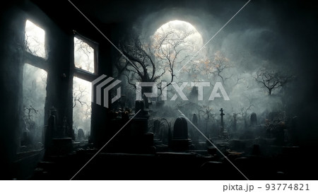 3D illustration of a Halloween concept dark background of a castle and graveyard. Horror background In foggy weather. Happy Halloween 3D illustration of a Halloween concept dark background of a castle and graveyard. Horror background In foggy weather. Happy Halloween 93774821