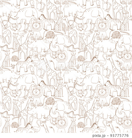 Beautiful seamless baby pattern with cute hand drawn safari elephant lion giraffe toucan zebra monkey flamingo rhino parrot snake jaguar animals. Stock illustration. Beautiful seamless baby pattern with cute hand drawn safari elephant lion giraffe toucan zebra monkey flamingo rhino parrot snake jaguar animals. Stock illustration. 93775776