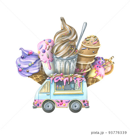 Ice cream in a waffle cone popsicle and truck のイラスト素材 93776339 Ice cream in a waffle cone popsicle and truck のイラスト素材 93776339