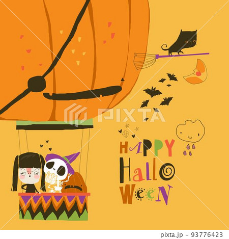 Cute Halloween Monsters flying on Air Balloon shaped like a Pumpkin 93776423