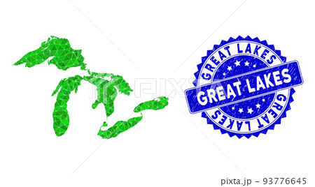 Rosette Scratched Stamp Seal and Green Vector Lowpoly Great Lakes Map mosaic Rosette Scratched Stamp Seal and Green Vector Lowpoly Great Lakes Map mosaic 93776645