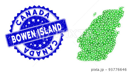 Rosette Grunge Seal and Green Vector Polygonal Bowen Island Map mosaic 93776646