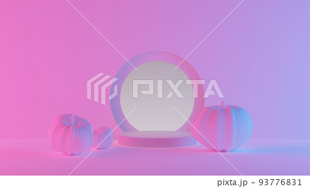 Halloween scene with pumpkins and podium platform with neon lights. Halloween background 3d rendering. Stand to show products. Stage showcase on pedestal. Halloween scene with pumpkins and podium platform with neon lights. Halloween background 3d rendering. Stand to show products. Stage showcase on pedestal. 93776831