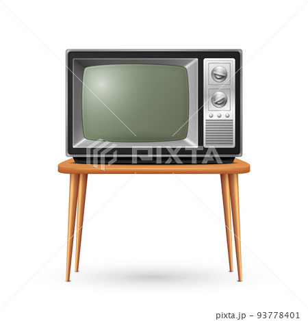 Vector 3d Realistic Retro TV Receiver on a Wooden Table Stand Closeup Isolated on White. Vintage TV Set. Television, Front View Vector 3d Realistic Retro TV Receiver on a Wooden Table Stand Closeup Isolated on White. Vintage TV Set. Television, Front View 93778401