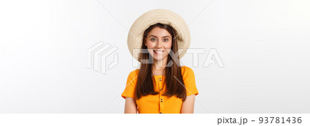 Travel concept - Close up Portrait young beautiful attractive girl wtih trendy hat and smiling. White Background. Copy space. 93781436