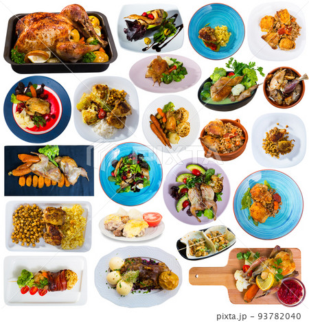 Dishes with cooked fried chicken and baked quail with different vegetables Dishes with cooked fried chicken and baked quail with different vegetables 93782040