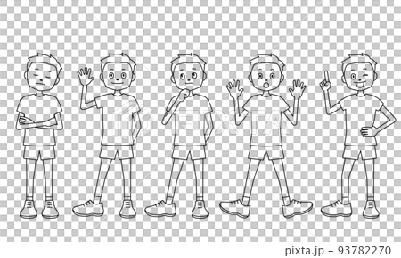 Illustrations of children (boys) with various expressions and poses (white background, vector, line drawing, clipping) 93782270