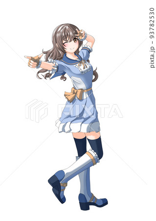 【自然な髪色】学園の夏服（青系制服）っぽい衣装を着たオレンジ担当巻き髪の女の子 93782530