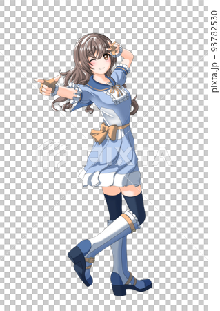 【自然な髪色】学園の夏服（青系制服）っぽい衣装を着たオレンジ担当巻き髪の女の子 93782530