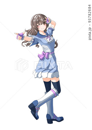 【自然な髪色】学園の夏服（青系制服）っぽい衣装を着た紫担当巻き髪の女の子 93782684