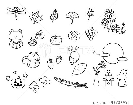 秋のモチーフいろいろイラストセット/線画 秋のモチーフいろいろイラストセット/線画 93782959