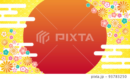 日の出イメージの和柄背景，青海波模様，赤のコピースペース 93783250