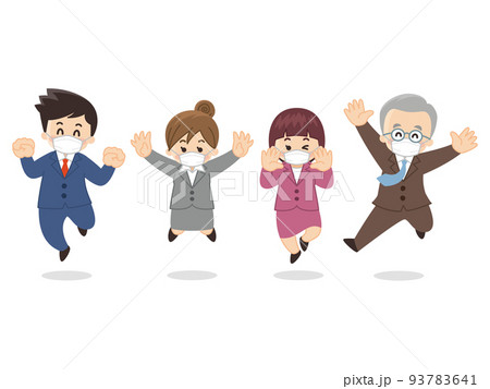 マスクを付けた会社員がジャンプしている マスクを付けた会社員がジャンプしている 93783641