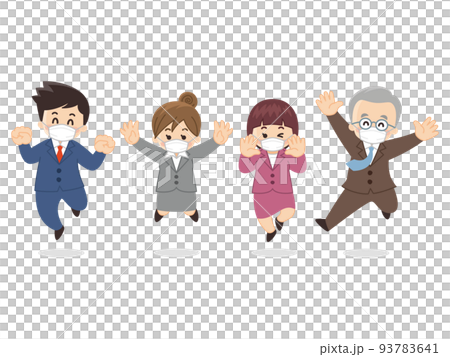 マスクを付けた会社員がジャンプしている マスクを付けた会社員がジャンプしている 93783641