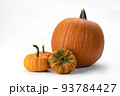 set of big and small organic pumpkins on white background. Autumn harvest. 93784427