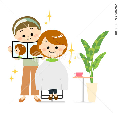 美容師によるカットの仕上がりを確認する女性 93786202