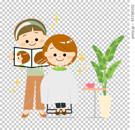 美容師によるカットの仕上がりを確認する女性 93786202