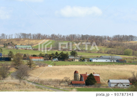北海道　日高地方　牧場のある風景 93787343