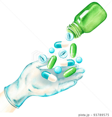 Tablets are poured into the hand. Watercolor illustration. Isolated on a white background. 93789575