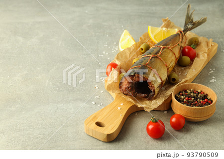 Concept of tasty food with smoked mackerel, space for text 93790509