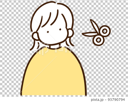 Fashionable line drawing illustration of a girl trying to cut her hair in a beauty salon 93790794