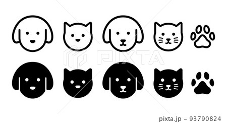 猫と犬と肉球のシンプルなベクターアイコンイラスト素材白黒セット 93790824