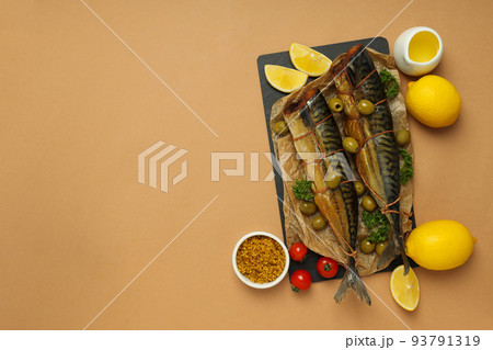 Concept of tasty food with smoked mackerel, space for text Concept of tasty food with smoked mackerel, space for text 93791319
