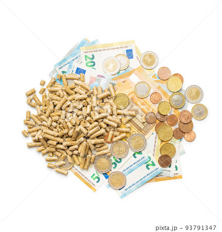 Wooden pellets and euro currency isolated on white background. 93791347