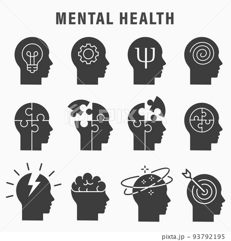 Mental health icons, such as brain, mind, anxiety, depression and more. Vector illustration. 93792195