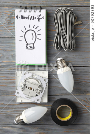 Concept of electrician or electrical tools, top view 93792393
