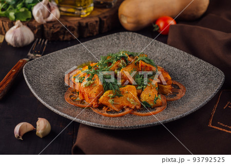 Freshly prepared sweet potato fries ready to eat 93792525