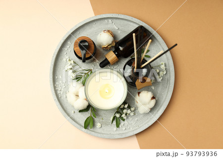 Concept of relaxation with aroma candle, top view 93793936