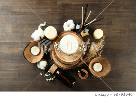 Concept of relaxation with aroma candles, top view 93793940