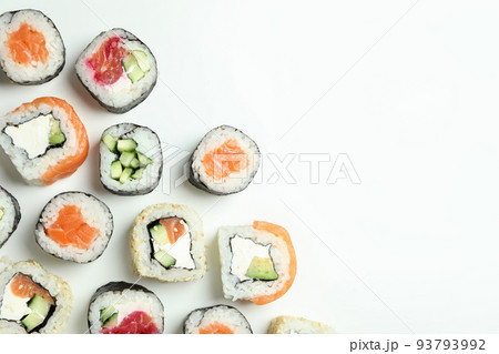 Concept of tasty food with sushi, space for text 93793992